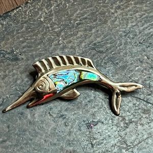 Vintage Alpaca silver tone Swordfish abalone inlay brooch pin fish